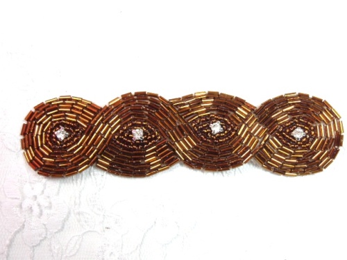 0303  Bronze Braided Rhinestone Beaded Applique 5"