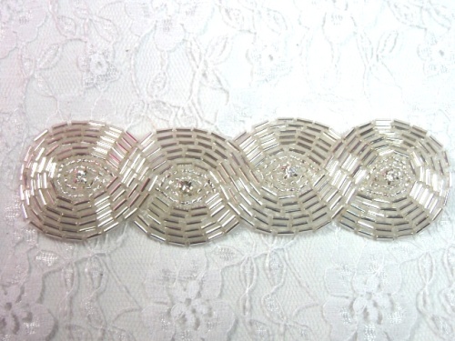 0303  Silver Braided Rhinestone Beaded Applique 5"