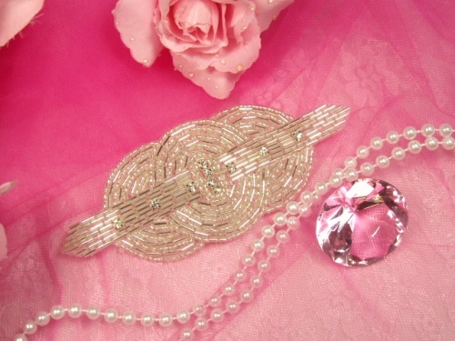 0409  Silver Rhinestone Triple Circle  Beaded Applique  5.75"