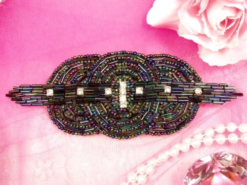 0409 Black AB Rhinestone Triple Circle Beaded Applique  5.75"