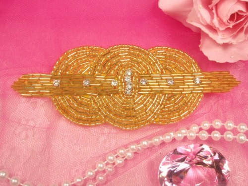 0409 Gold Rhinestone Triple Circle Beaded Applique  5.75"