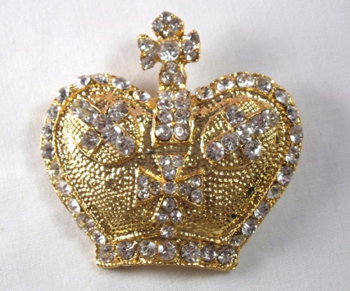 0308  Gold Rhinestone Crown Brooch Pin 2"