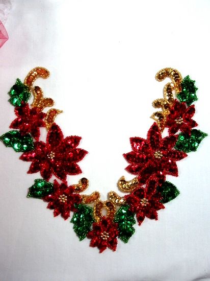 0313  Christmas Poinsettia Collar Beaded Sequin Applique 8"-poinsettia,flower,collar,yoke,christmas,tree,holiday,sequin,beaded,applique,trimmings,embellishment,motif,yoke,turquoise,motif,collar