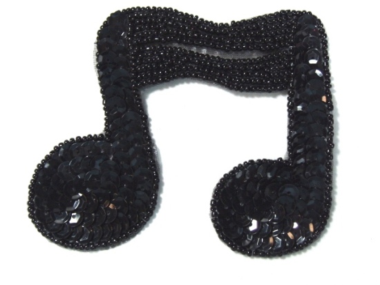 0323  Black Music Double Note Sequin Beaded Applique 4"