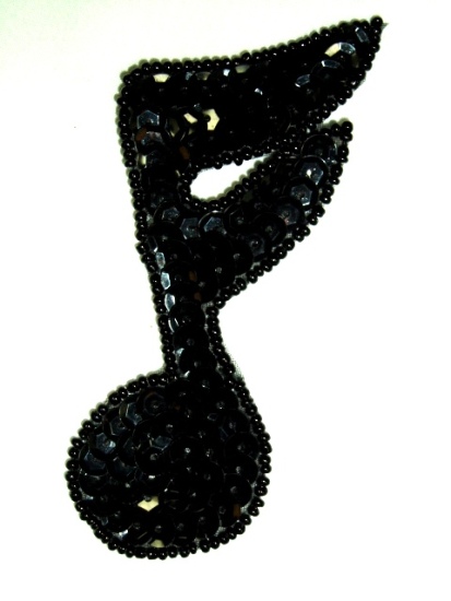 0324  Black Sixteenth Note Sequin Beaded Applique 4"