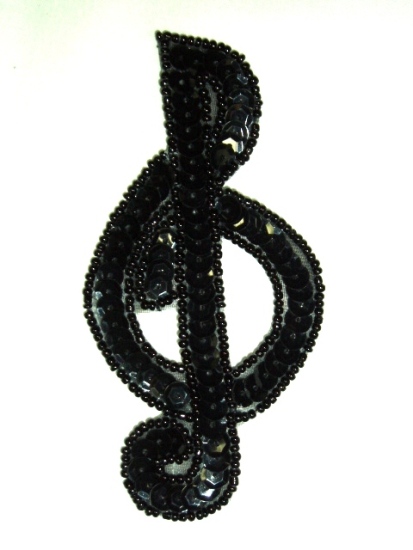 0326 Black G-Clef Music Note Sequin Beaded Applique 4"
