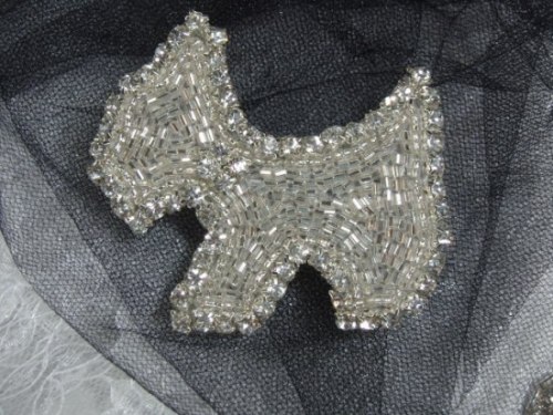 0328  Silver Rhinestone Scotty Dog  Beaded Applique 2.75"-scottish,terrior,rhinestone,dog,silver,sequin,beaded,applique,trimmings,embellishment,motif,yoke,turquoise,motif,collar