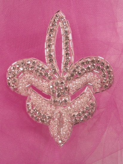 0329  Silver Rhinestone Fleur De Leis Sequin Beaded Applique 4"