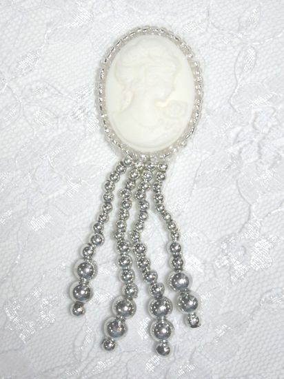 0340  Silver / Ivory Victorian Cameo Dangle  Beaded Applique 3.25"-silver,ivory,victorian,cameo,embellishment,sewing,clothing,sequin,beaded,bead,sequins,applique,motif,sewing,beaded,brooch  