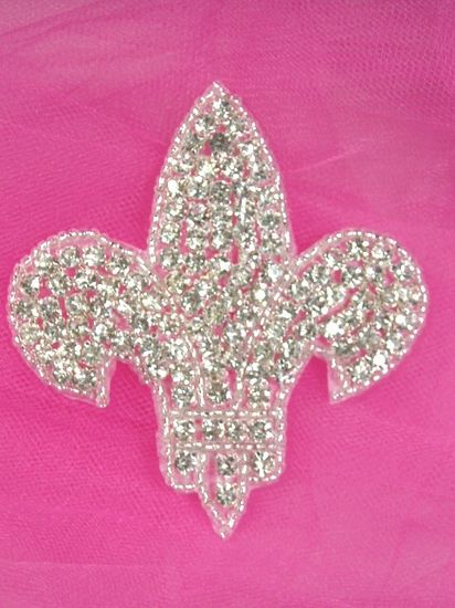 0344  Fleur de Leis Genuine Rhinestone Beaded Applique 3"