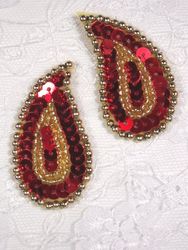 0345  Red / Gold Paisley  Mirror Pair  Sequin Beaded Applique 2"