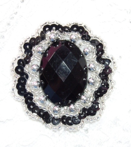 0346  Black Silver Jewel Sequin Beaded Applique 2"-black,jewel,victorian,embellishment,sewing,clothing,sequin,beaded,bead,sequins,applique,motif,trim,trimmings,sewing,beaded,brooch  