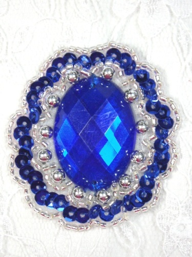 0346  Blue Silver Jewel Sequin Beaded Applique 2"-blue,jewel,victorian,embellishment,sewing,clothing,sequin,beaded,bead,sequins,applique,motif,trim,trimmings,sewing,beaded,brooch  