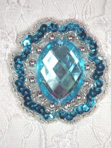 0346  Turquoise Silver Jewel Sequin Beaded Applique 2"-turquoise,jewel,victorian,embellishment,sewing,clothing,sequin,beaded,bead,sequins,applique,motif,trim,trimmings,sewing,beaded,brooch  