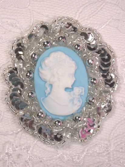0347  Silver  / Blue Victorian Cameo Sequin Beaded Applique Brooch 2"-silver,blue,gold,ivory,victorian,cameo,embellishment,sewing,clothing,sequin,beaded,bead,sequins,applique,motif,sewing,beaded,brooch  