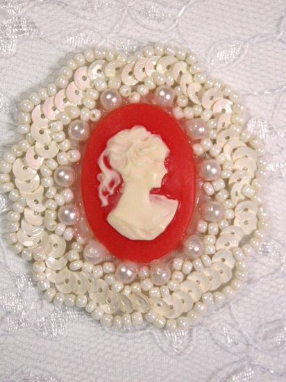 0347  Ivory / Orange Victorian Cameo Sequin Beaded Applique Brooch 2"
