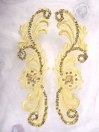 0352  Gold Venice Lace Mirror Pair Sequin Beaded Appliques 10"-gold,venice,lace,venise,gold,jewel,victorian,embellishment,sewing,clothing,sequin,beaded,bead,sequins,applique,motif, trim,trimmings,sewing,beaded,brooch  