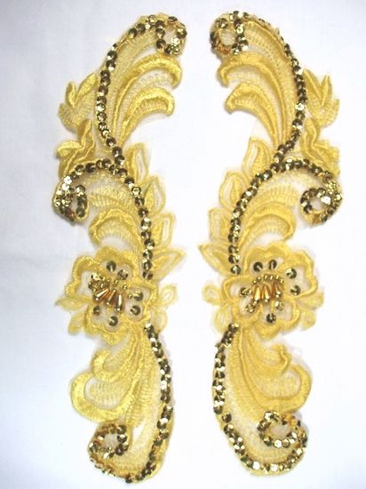 0352  Gold Venice Lace Mirror Pair Sequin Beaded Appliques 10"-gold,venice,lace,venise,gold,jewel,victorian,embellishment,sewing,clothing,sequin,beaded,bead,sequins,applique,motif, trim,trimmings,sewing,beaded,brooch  