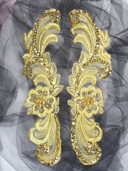 0352  Gold Venice Lace Mirror Pair Sequin Beaded Appliques 10"-gold,venice,lace,venise,gold,jewel,victorian,embellishment,sewing,clothing,sequin,beaded,bead,sequins,applique,motif, trim,trimmings,sewing,beaded,brooch  