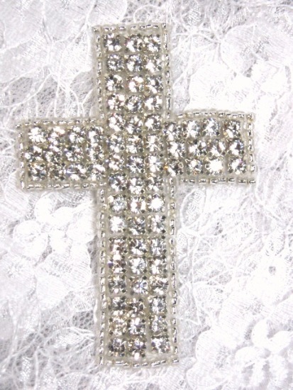 0355  Genuine Rhinestone Cross Beaded Applique 2.75"