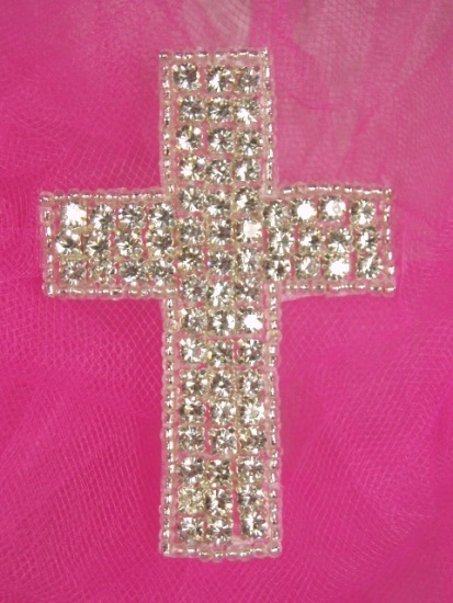 0355  Genuine Rhinestone Cross Beaded Applique 2.75"