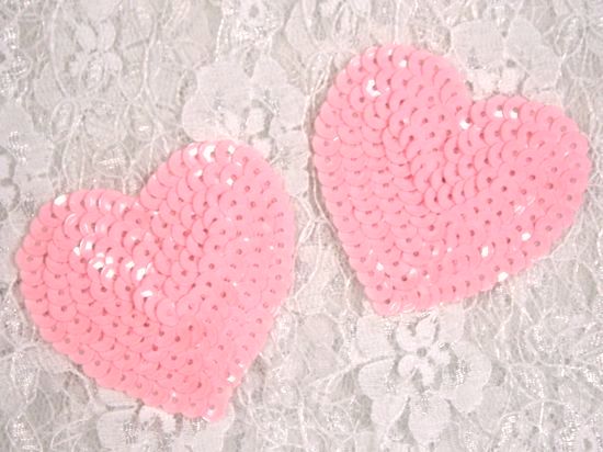 0360  Set of 2 Pink Heart  Sequin Appliques 2-1/8"