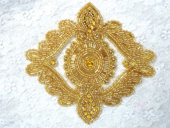 0364  Gold Rhinestone Beaded Applique 6"