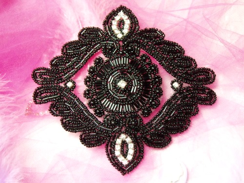 0364  Black Beaded  Rhinestone Applique 6"