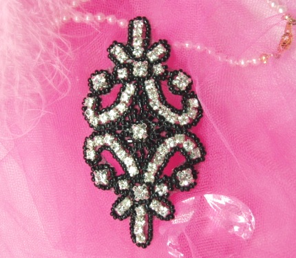 0373  Black Beaded Genuine Rhinestone  Applique 4"