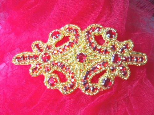 0373  Red Jewel Gold Beaded Applique 4"