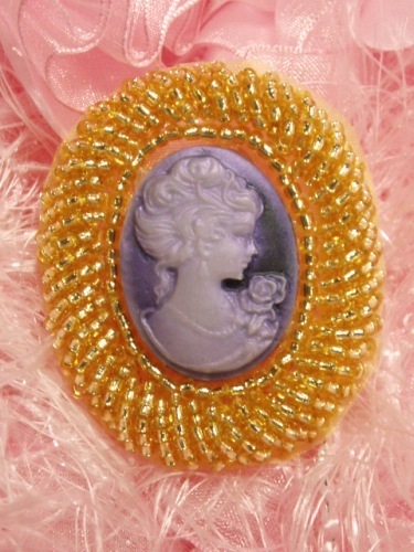 0383  Gold Purple Victorian Cameo Beaded Applique 2"