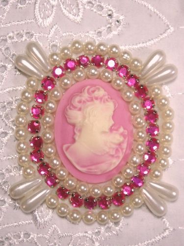0388  Ivory  Pink Victorian Cameo Pink Rhinestone Beaded Applique 2.75"-ivory,pink,cameo,applique,beaded,beaded applique,victorian,gold,brooch,rhinestone