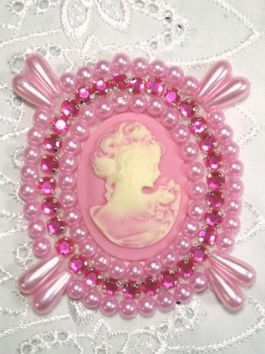0388 Pink Victorian Cameo Pink Rhinestone Beaded Applique 2.75"-pink,cameo,applique,beaded,beaded applique,victorian,brooch,rhinestone