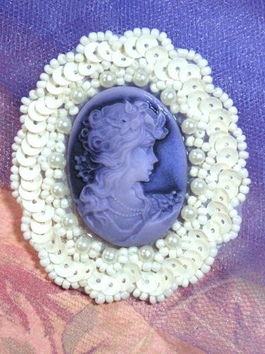 0389  Ivory  Purple Victorian Cameo Sequin Beaded Applique 2.5"-ivory,purple,cameo,applique,beaded,beaded applique,victorian,brooch,sequin applique