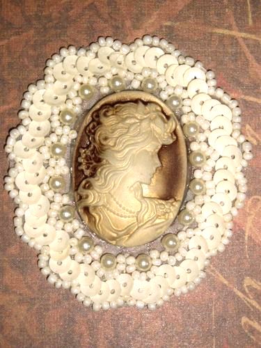 0389  Ivory  Beige Victorian Cameo Sequin Beaded Applique 2.5"-ivory,beige,cameo,applique,beaded,beaded applique,victorian,brooch,sequin applique