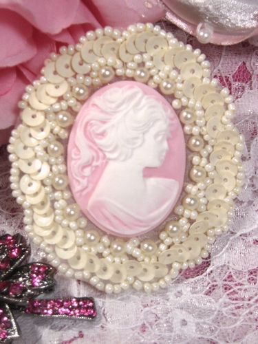0389  Ivory  Pink Victorian Cameo Sequin Beaded Applique 2.5"-ivory,pink,cameo,applique,beaded,beaded applique,victorian,brooch,sequin applique