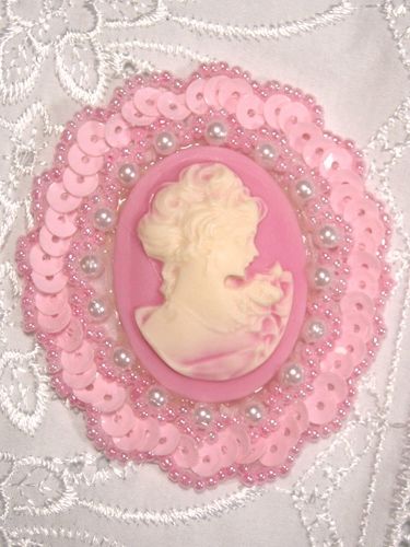 0389  Pink Victorian Cameo Sequin Beaded Applique 2.5"-pink,cameo,applique,beaded,beaded applique,victorian,brooch,sequin applique
