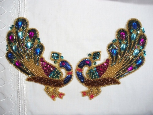0390 Jewel Peacock Mirror Pair Sequin Beaded Appliques-peacock,jewel,sequin,beaded,applique,blue,fuchsia,pair