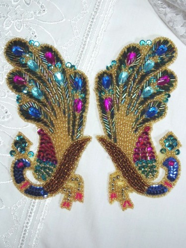 0390 Jewel Peacock Mirror Pair Sequin Beaded Appliques-peacock,jewel,sequin,beaded,applique,blue,fuchsia,pair