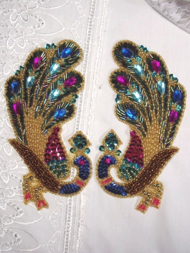 0390 Jewel Peacock Mirror Pair Sequin Beaded Appliques-peacock,jewel,sequin,beaded,applique,blue,fuchsia,pair