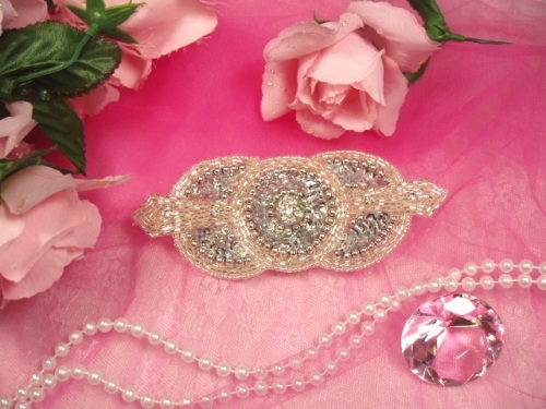 0391 Silver Rhinestone Triple Circle  Sequin Beaded Applique  5.5"