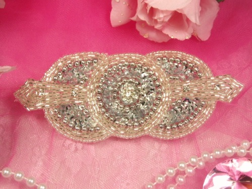 0391 Silver Rhinestone Triple Circle  Sequin Beaded Applique  5.5"