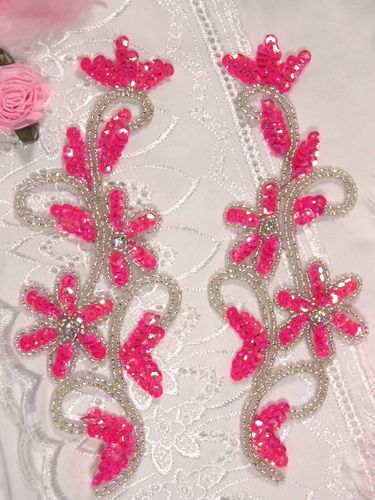 0396  Hot Pink Beaded Sequin Appliques Mirror Pair