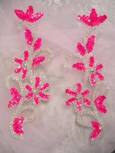 0396  Hot Pink Beaded Sequin Appliques Mirror Pair