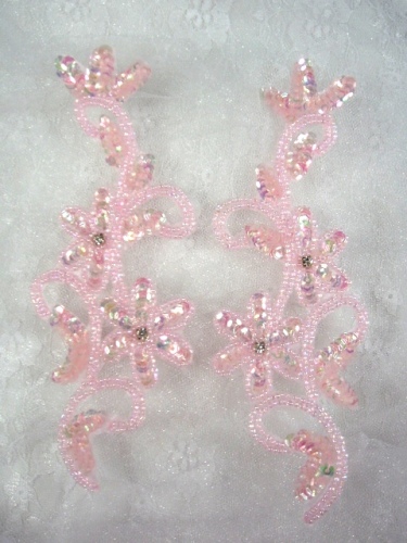 0396  Pink Crystal AB Beaded Sequin Appliques Mirror Pair-applique,sequin,pink,bead,beaded,pair,floral,flower