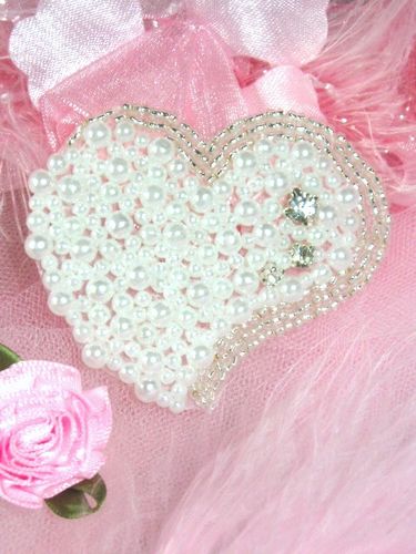 0398 White Pearl Rhinestone Heart Beaded Applique 2.5"-heart,designer,beaded,applique,pearl,white,rhinestone