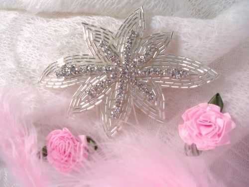 0399  Silver Floral Beaded Clear Rhinestone Beaded Applique 4.75"