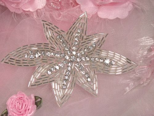 0399  Silver Floral Beaded Clear Rhinestone Beaded Applique 4.75"