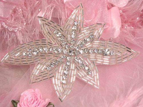 0399  Silver Floral Beaded Clear Rhinestone Beaded Applique 4.75"