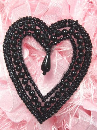 0403 Black Heart Designer Beaded Applique 2.5"